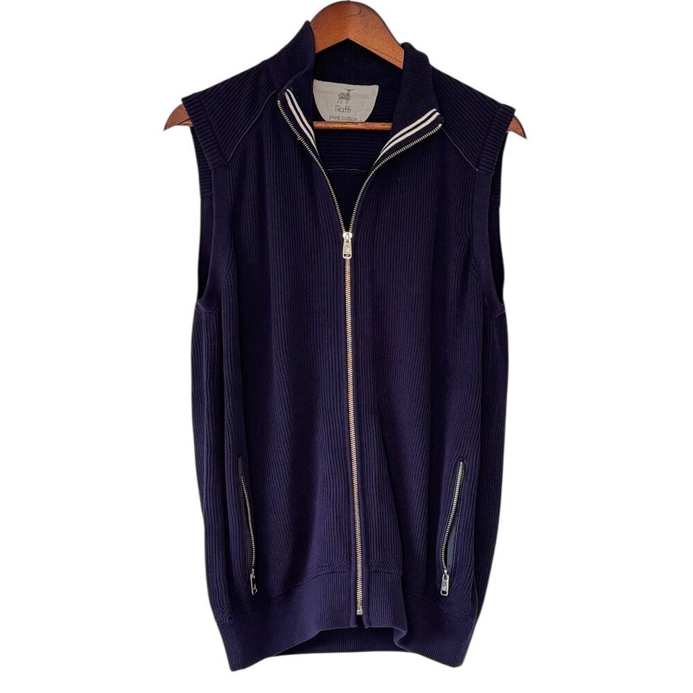 Raffi Men's Sweater Vest Full Zip Navy Cotton Ribbed Zip Pockets Golf Medium